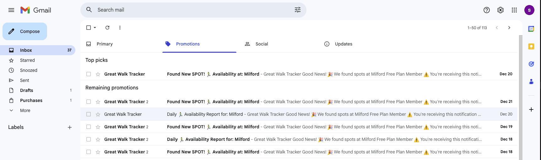 Gmail Promotions tab showing Great Walk Tracker email notifications for DOC booking availability alerts